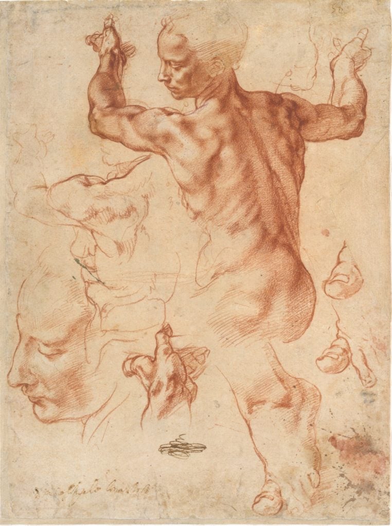 Michelangelo Buonarroti Studies for the Libyan Sibyl (recto); Studies for the Libyan Sibyl and a small Sketch for a Seated Figure (verso), (c. 1510–11). Courtesy of the Metropolitan Museum of Art.