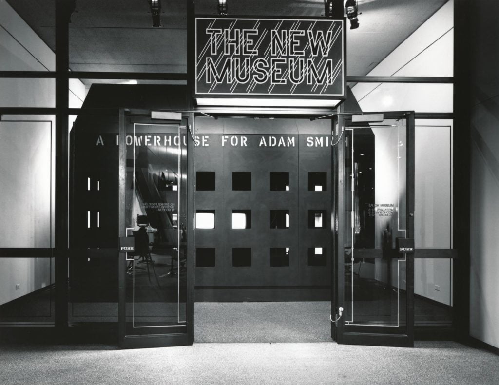New Museum entrance during "Investigations: Probe, Structure, Analysis," Lauren Ewing, <em>A Powerhouse for Adam Smith</em> (1980), installation view. Photo courtesy of David Lubarsky/the New Museum.