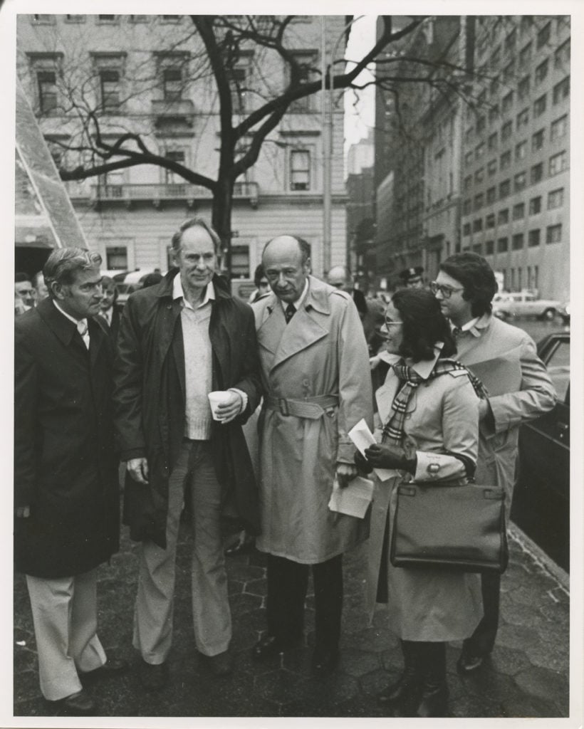 Doris C. Freedmand with Ed Koch at the opening of the first Public Art Fund exhibition, Ronald Blader's <em>Karma Sutra</em> at what is now Doris C. Freedman Plaza in Central Park. Photo courtesy of Chuck de Laney/the Public Art Fund.