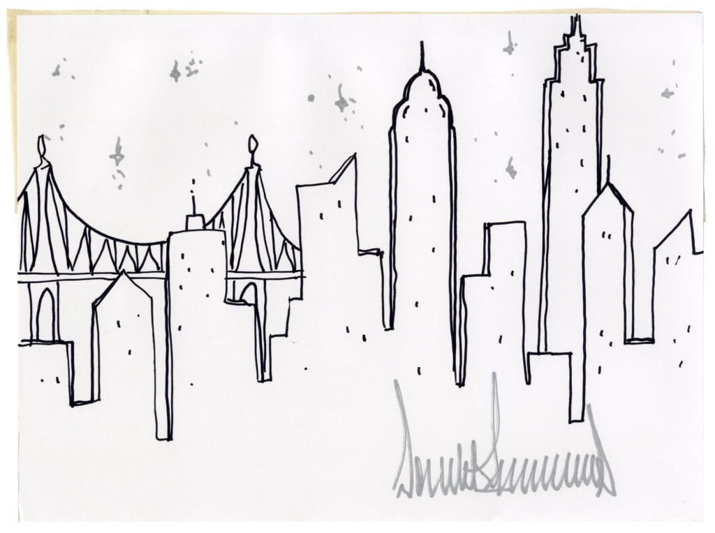 This Donald Trump sketch of the New York City skyline sold for $8,375. Courtesy of Nate D. Sanders.