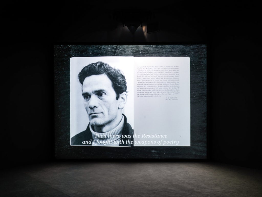 Bouchra Khalili, <em>The Tempest Society</em> (2017)., installation view at Documenta 14, Athens School of Fine Art. Photo courtesy of the artist; by Stathis Mamalakis.