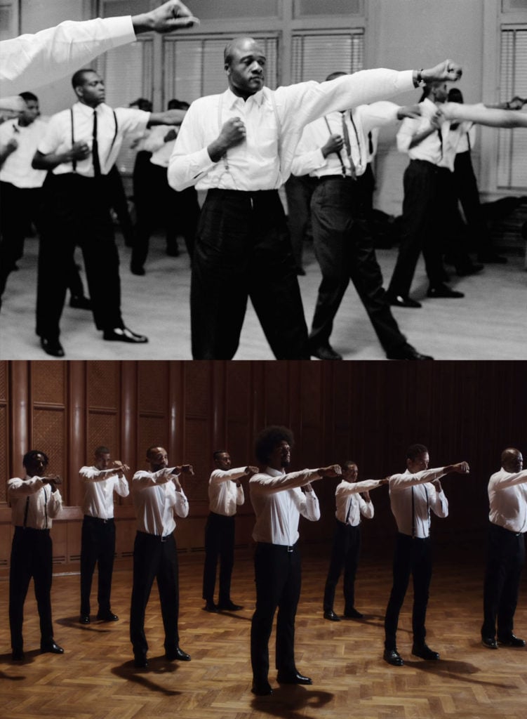 Top: Gordon Parks, <i>Black Muslims Train in Self-Defense</i> (1963). Courtesy of the Gordon Parks Foundation. Bottom: A screenshot of the music video for Kendrick Lamar's "Element."