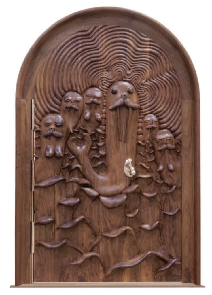 The Haas Brothers, Unique Door with "Eden Ahbez Walrus" on recto and "Octopus Bubble Buddies" on verso. Hand-carved and CNC-machined black walnut with bronze hardware. At Design Miami. Courtesy of R & Company.