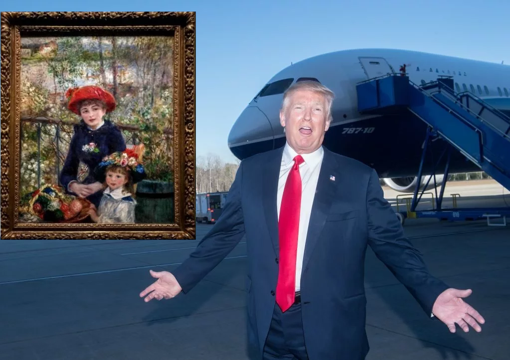 Pierre-Auguste Renoir's, Two Sisters (on the Terrace) (1881). Courtesy of the Art Institute of Chicago. R: President Donald Trump. Photo: Nicholas Kamm/AFP/Getty Images.