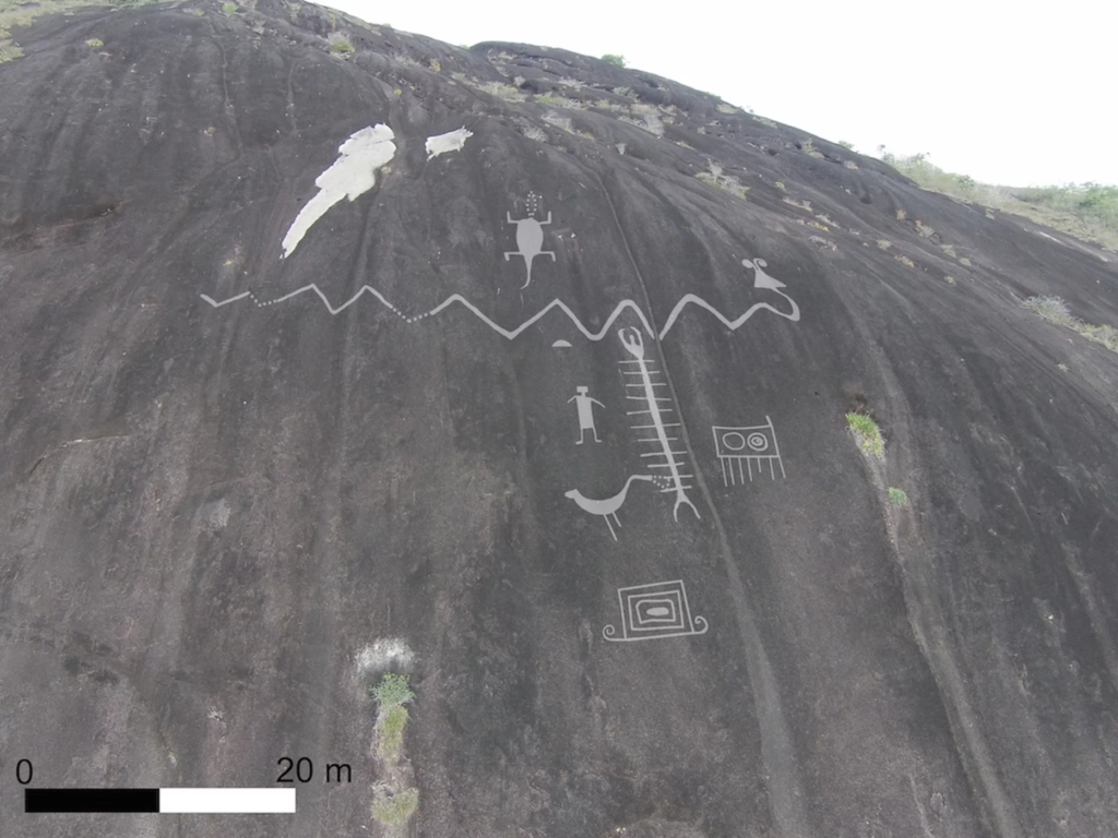 Aerial photograph of monumental Cerro Pintado petroglyphs with enhanced image overlay. Photo courtesy of Philip Riris.