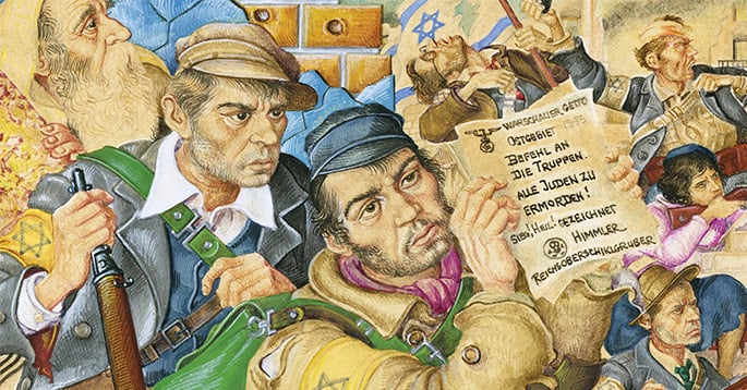 Arthur Szyk, <em>My People. Samson in the Ghetto, (The Battle of the Warsaw Ghetto)</em>, 1945 (detail). Courtesy of the Taube Family Arthur Szyk Collection, Magnes Collection of Jewish Art and Life, University of California, Berkeley.