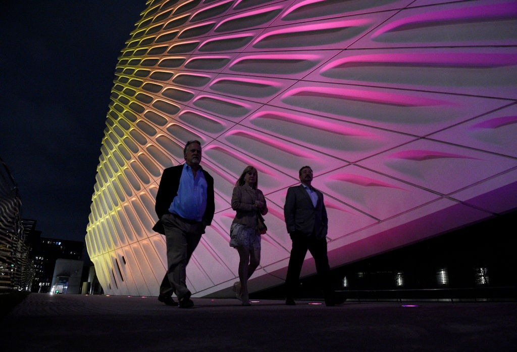 The Broad Art Museum illuminated in the colors of Los Angeles sunset. Photo by Kevork Djansezian/Getty Images.