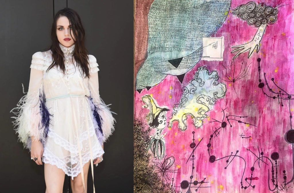 Frances Bean Cobain.Photo: Jamie McCarthy/Getty Images for Marc Jacobs. R: Frances Bean Cobain's <i>It’s a Good Day For Penance and Pity</i> (2017). Courtesy of Gallery 30 South.