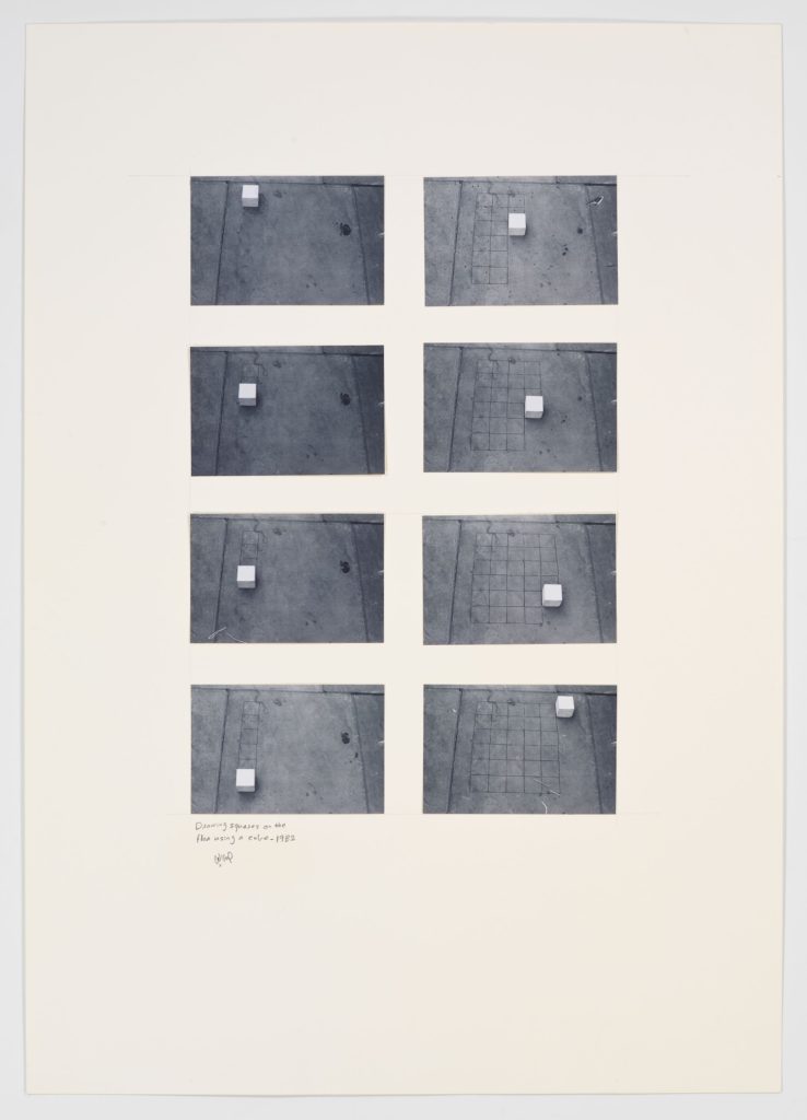 Hassan Sharif, Drawing Squares on the Floor Using a Cube (1982). Courtesy of Alexander Gray Associates.