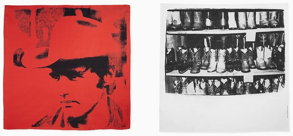Andy Warhol's <i>Dennis Hooper </i>bandana in red and <i>Cowboy Boots</i>bandana in white. Courtesy of Calvin Klein.