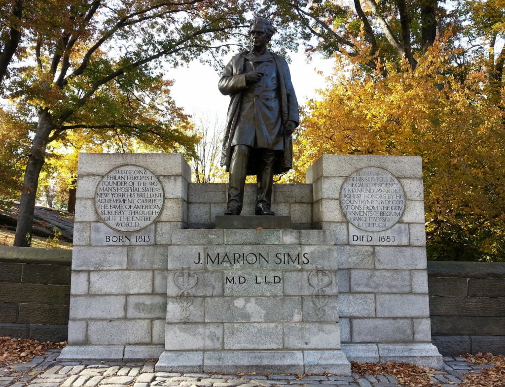 Statue of Dr. James Marion Sims. According to the Central Park Conservancy, "In recent years he has become a controversial figure for his use of slaves as experimental subjects." Accordingly, the city has opted to move the statue from East Harlem to Brooklyn's Greenwood Cemetery, where Sims is buried. Photo courtesy of Matt Green of I'm Just Walking, via Flickr, Creative Commons.