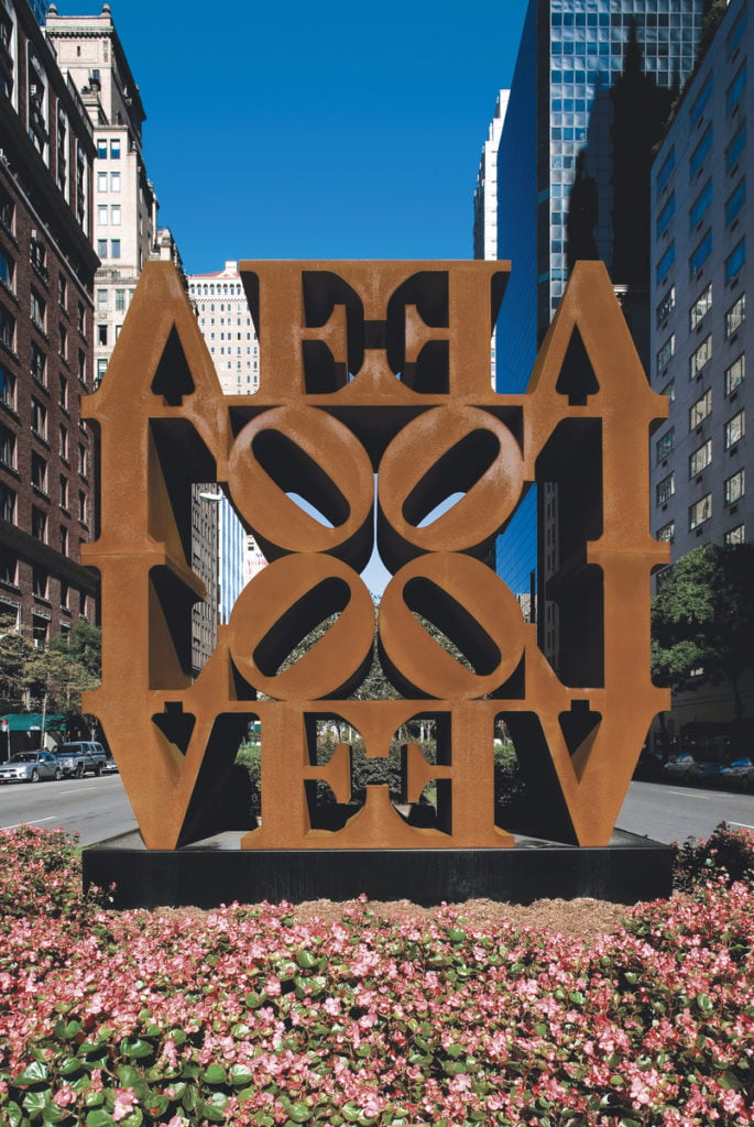 Robert Indiana, LOVE WALL (1966–2006). Installation view, Park Avenue and 57th Street, New York, Spring, 2008. Photo courtesy of Christopher Burke Studio. Artwork ©2017 Morgan Art Foundation/Artists Rights Society (ARS), New York.