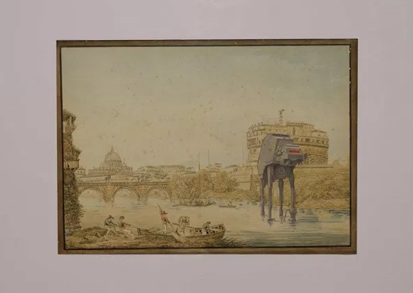 Riccardo Mayr, Castle St. Angelo with Imperial AT-AT Walker, after Franz Kaisermann, 1765–1833, etching with hand coloring. Courtesy of Gallery 30 South.
