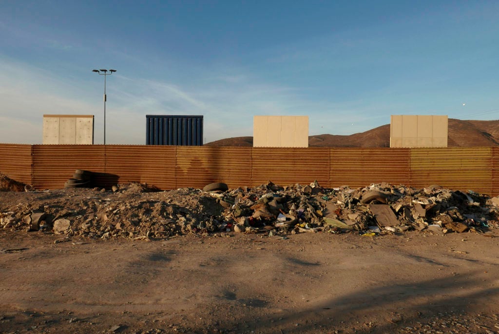 The border wall prototypes as seen from the Mexican side of the border. Photo courtesy of Christoph Büchel.