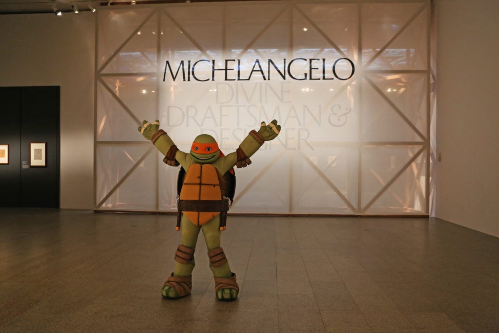 Teenage Mutant Ninja Turtle Michelangelo visits the Metropolitan Museum on Thursday, January 25, 2018. Photo by Rebecca Schear, courtesy of the Metropolitan Museum of Art.
