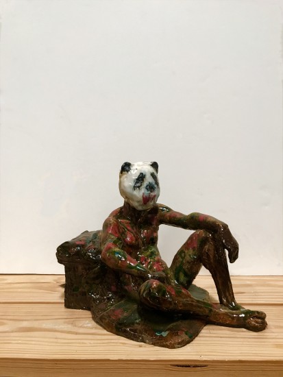 Wanxin Zhang, <em>Figure Maquette with Panda Head</em> (2001). Image courtesy Catharine Clark Gallery.
