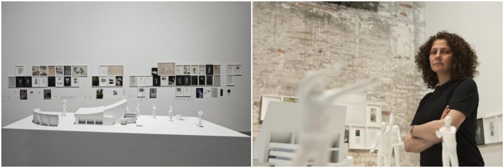 Left, Ala Younis's <i>Plan for Greater Baghdad</i> (2015). Installation view at the 56th Venice Biennale. Photo by Alessandra Chemollo. Courtesy la Biennale di Venezia. Right, Ala Younis. Photo Isabella Balena.