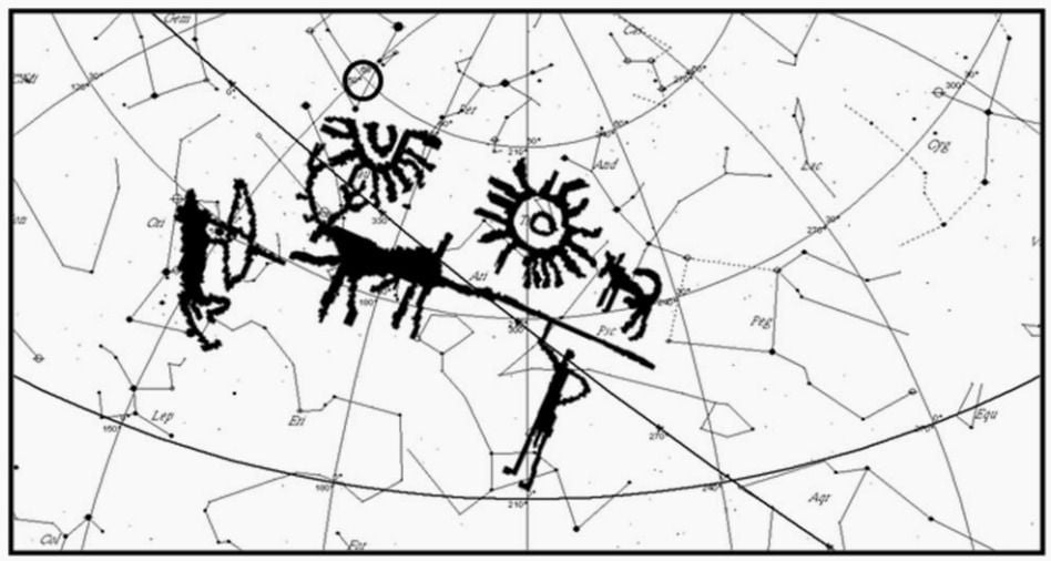 The ancient rock art transposed onto a chart of the night sky. Image courtesy of the Tata Institute of Fundamental Research.