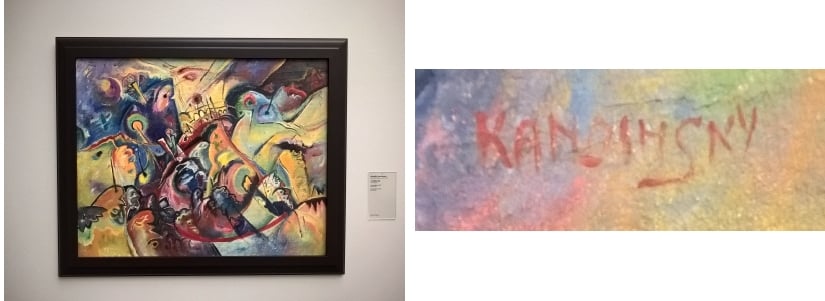 L: Wassily Kandinsky's Composition (1917) and detail of signature with second 'N' in Cyrillic 'H.' Photo: Colin Gleadell.