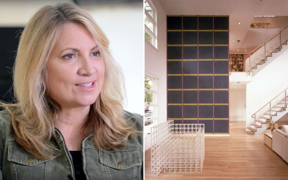 Left: Jonna Hitchcock interviewed in Unerasing Sol LeWitt; Right: An image of the home during Bill Stern's lifetime. On the far wall is Sol LeWitt's Wall Drawing #679 (1991). In the foreground is LeWitt's Spiral 987654321 (1980). Photo: Paul Hester, courtesy of Hester + Hardaway.