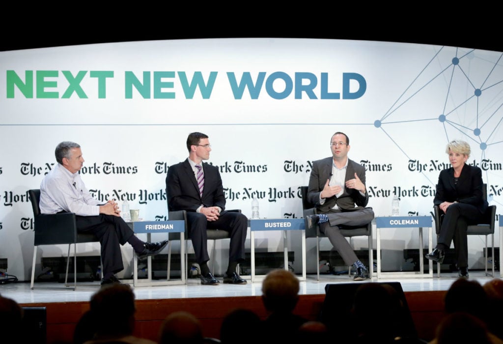Global thought leaders: <em>New York Times</em> columnist Thomas L Friedman, Gallap Education executive director Brandon Busteed, College Board president and CEO David Coleman, and College Board Chief of Global Policy and Advocacy Stefanie Sanford at The New York Times Next New World Conference. Photo by Neilson Barnard/Getty Images for New York Times.