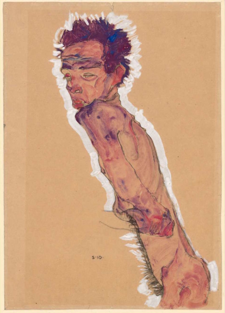 Egon Schiele, <em>Nude Self-Portrait</em> (1910). Courtesy of the Albertina Museum, Vienna.