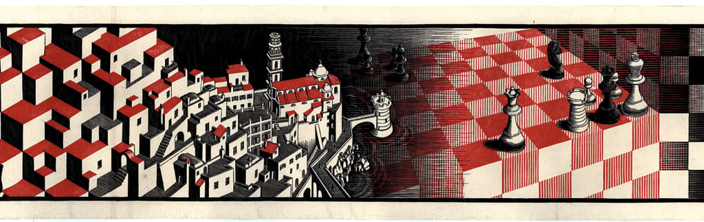 M.C. Escher, <em>Metamorphosis II</em> (detail). ©2018 the M.C. Escher Company.