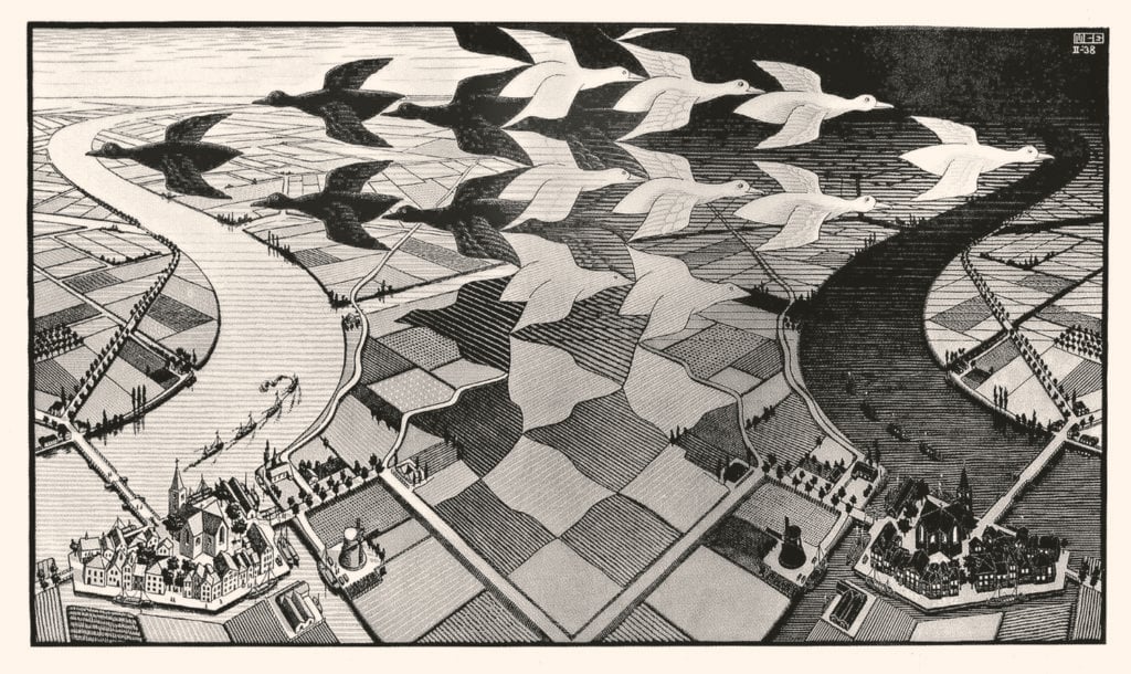 M.C. Escher, Day and Night. ©2018 the M.C. Escher Company.