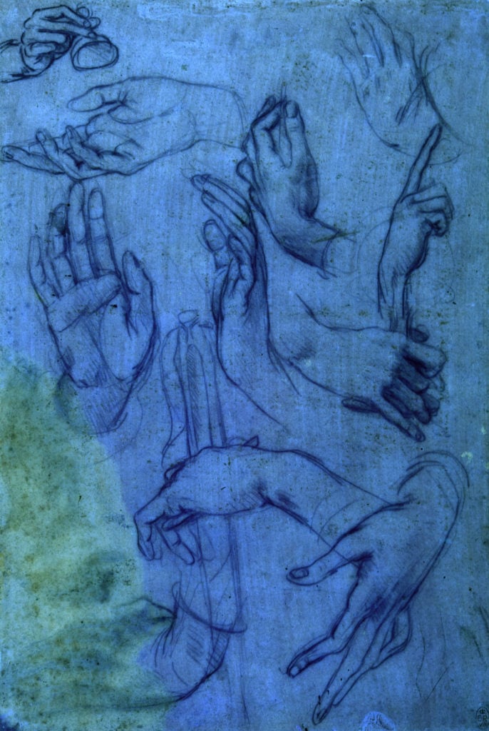 Leonardo da Vinci's Studies of hands for the Adoration of the Magi Sheet 2 (around 1481), under ultraviolet light. Courtesy Royal Collection Trust/Her Majesty Queen Elizabeth II.