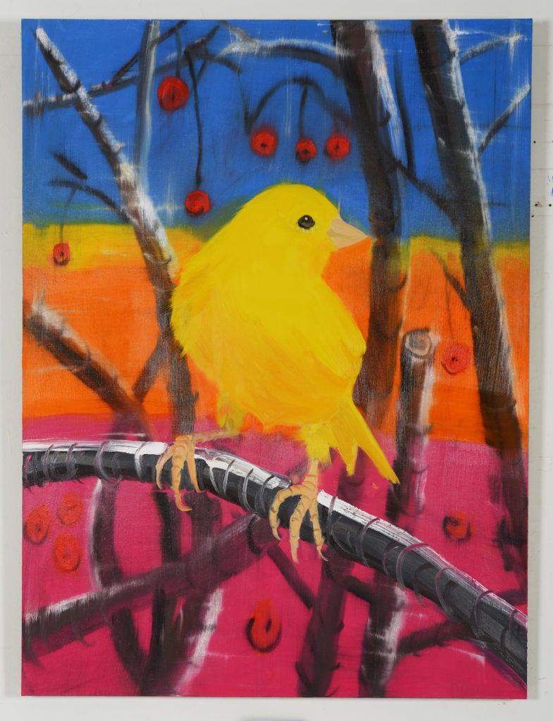 Ann Craven's Yellow Canary (Stepping Out in Pink Sunset, in Snow) (2018). Courtesy of the Artist and Maccarone and ADAA Photo by Ann Craven Studio.