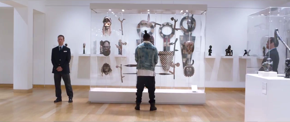 A screenshot from Black Panther of Killmonger preparing to steal back a looted Vibranium artifact made in Wakanda from the Museum of Great Britain. Courtesy of Marvel.