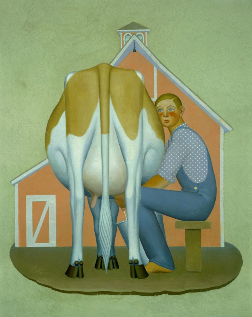 Grant Wood's <i> Boy Milking Cow</i> from "Fruits of Iowa" series, (1932). collection of Coe College, Cedar Rapids, Iowa.