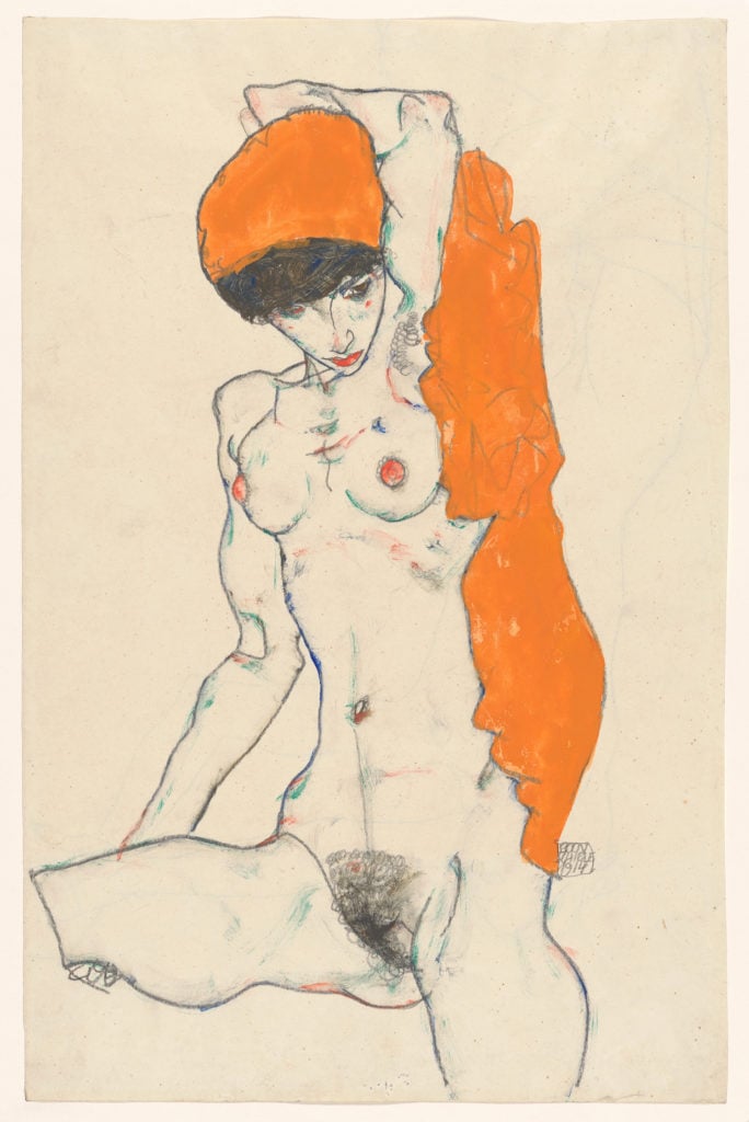 Egon Schiele, Standing Nude with Orange Drapery (1914). Courtesy of the Metropolitan Museum of Art, New York, bequest of Scofield Thayer, 1982.
