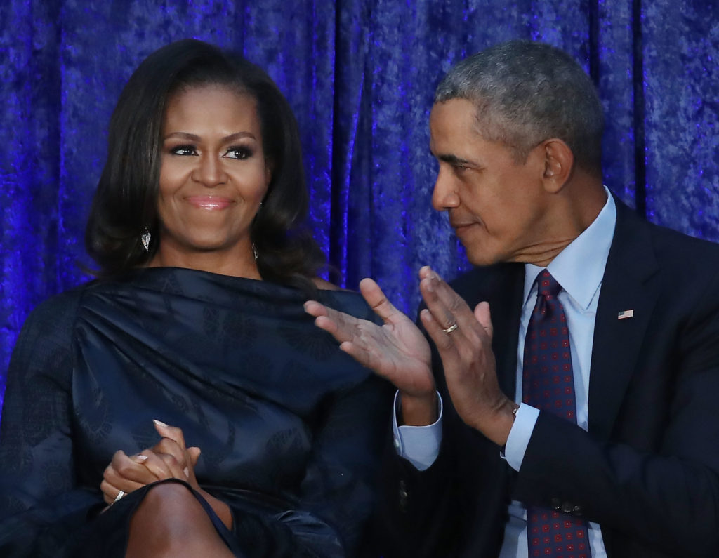 Former U.S. President Barack Obama and first lady Michelle Obama at the Smithsonian's National Portrait Gallery. Photo by Mark Wilson/Getty Images.