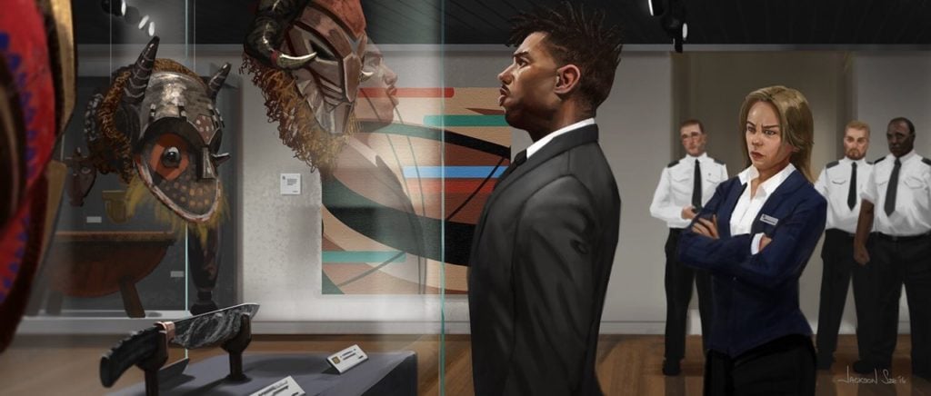 Concept art from <em>Black Panther</em> of Killmonger preparing to steal back a looted Vibranium artifact made in Wakanda from the Museum of Great Britain. Courtesy of Marvel. 