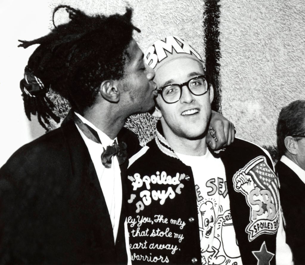 George Hirose, Jean-Michel Basquiat and Keith Haring at the opening of Julian Schnabel, Whitney Museum of American Art, New York, 1987, © George Hirose, 1987.