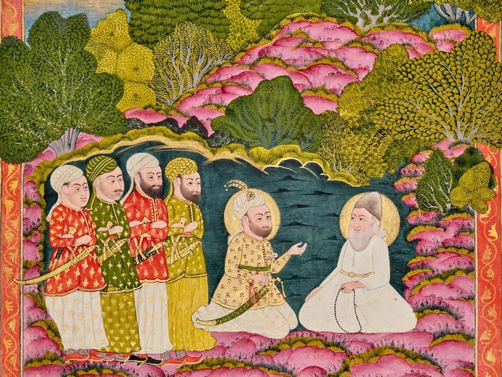 Iskandar and his retinue meeting with a hermit who then opens the gates of the Fortress of Darband by his prayer, “Khamsa”, Nizami Ganjavi (1141–1209), India, 17th century, detail. From the collections of the National Library of Israel/Photography by Ardon Bar-Hama.