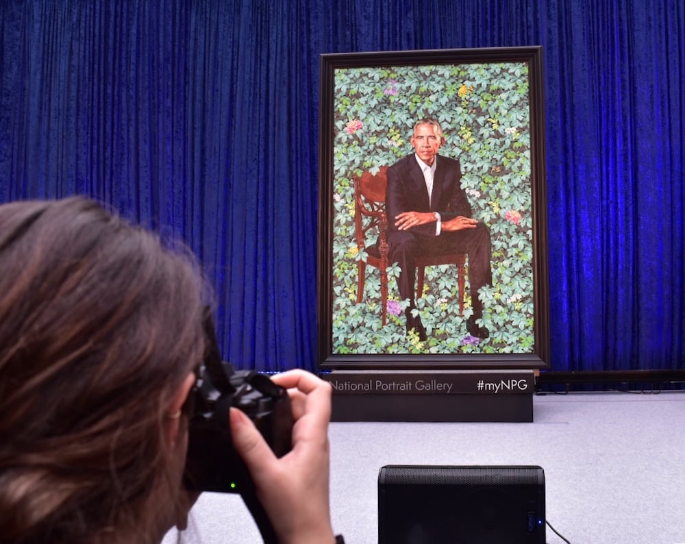 Kehinde Wiley's portrait of Barack Obama at its unveiling at the National Portrait Gallery. Image courtesy Ben Davis.