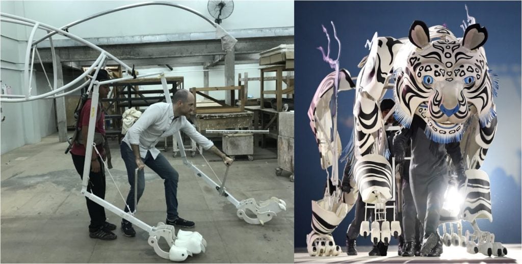 Left, artist Nicholas Mahon constructing the Tiger, Right: the finished design during the Opening Ceremony in South Korea.