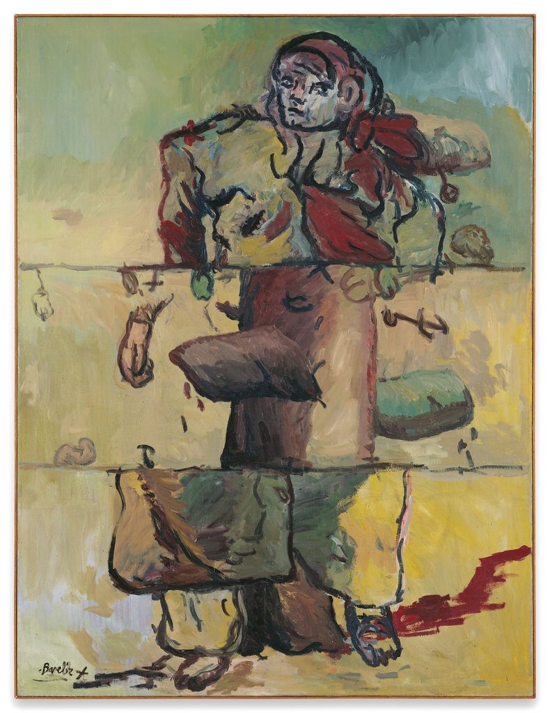 George Baselitz, <em>Drei Streifen—Der Maler im Mantel (Zweites Frakturbild)</em> (1966). Image courtesy private collection.