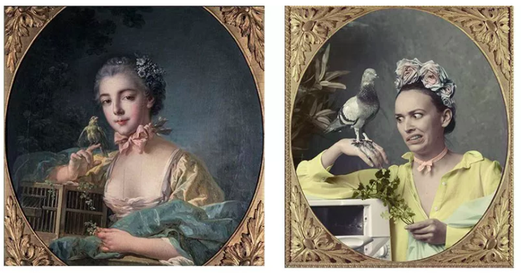 Left: Francois Boucher, <em>Portrait de Marie-Emelie Baudoin</em> (1760); Right: @audrey.pirault’s recreation of Boucher’s painting for Paris Musées’s 2016 campaign using Instagram influencers to recreate paintings. 