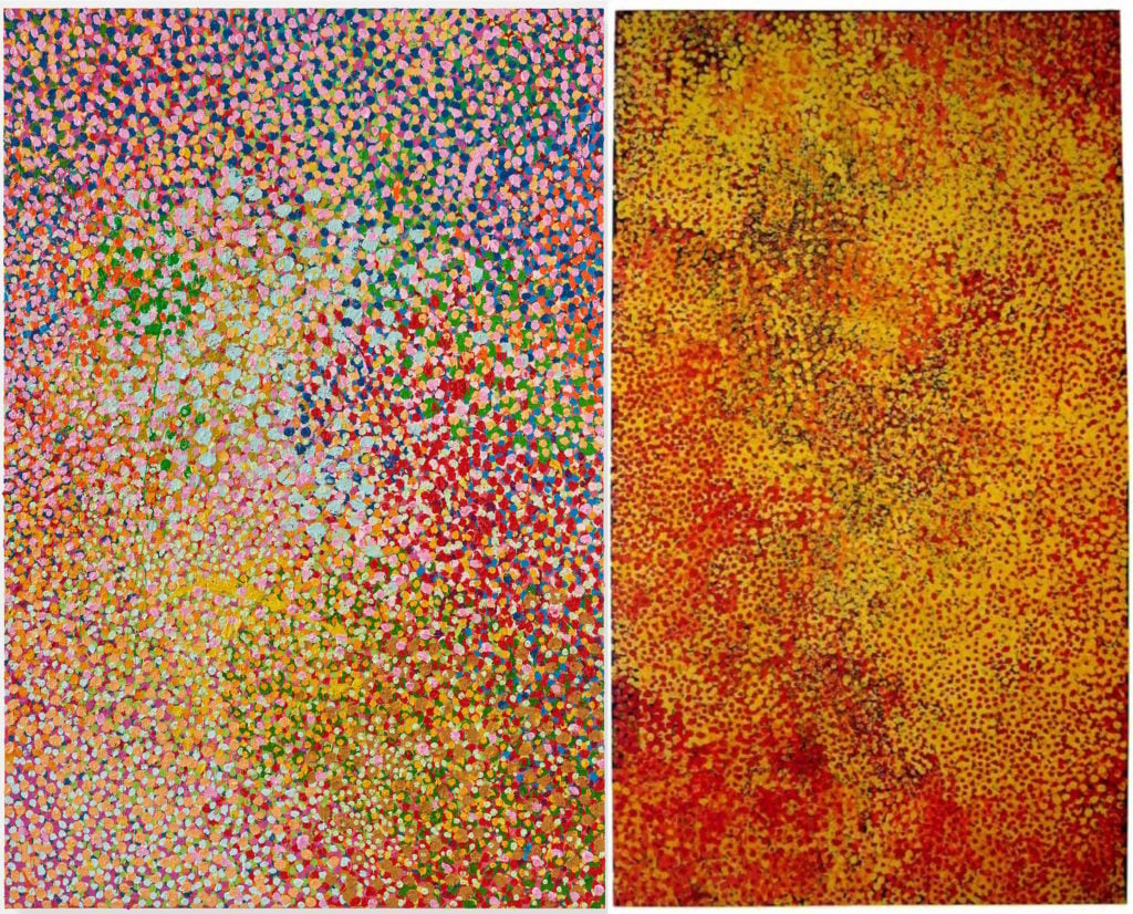 Left, Damien Hirst, Veil of Love’s Secrets (2017). Courtesy of Gagosian Gallery. ©Damien Hirst and Science Ltd. All rights reserved, DACS 2018. Right, Emily Kame Kngwarreye, Untitled (1991). Courtesy of Sotheby's Australia.