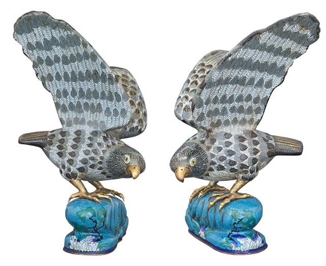 Pair of Chinese Cloisonné Enamel Hawks. Estimate $7,000–10,000. Photo courtesy of Doyle New York.