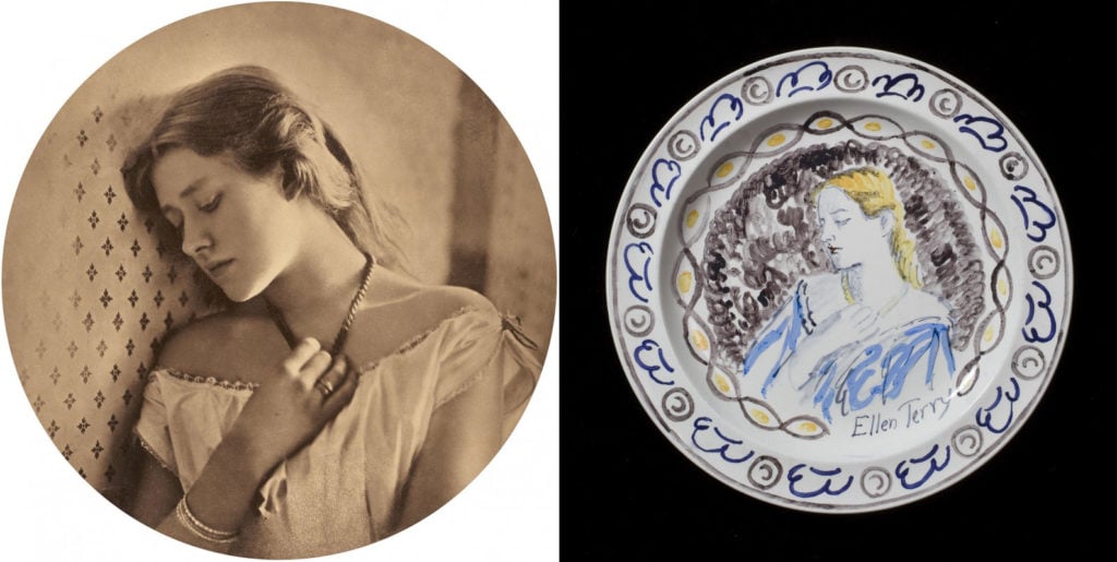 Julia Margaret Cameron's photograph of Ellen Terry, (negative 1864; print about 1875), and the plate based on the photograph in <em>The Famous Women Dinner Service</em> (c. 1932–34), created by Duncan Grant and Cameron's great-niece, Vanessa Bell. Photo courtesy of the J. Paul Getty Museum.