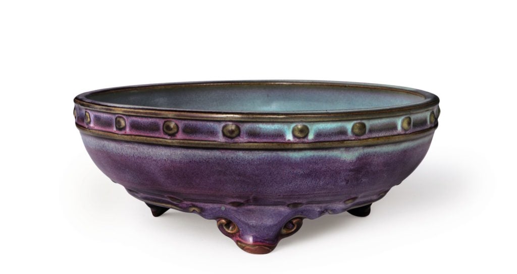 A rare number five Jun tripod "Narcissus" bowl from the Ming Dynasty (circa 14th–15th century). Estimate $150,000–200,000. Photo courtesy of Christie's New York.