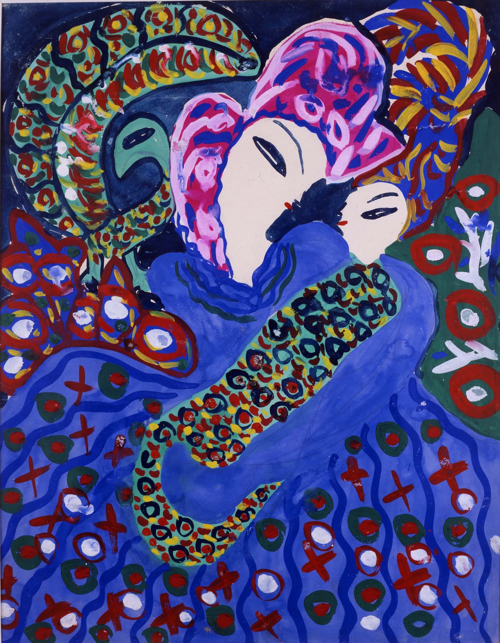 Baya Mahieddine, Femme et enfant en bleu (Woman and child in blue), 1947. Courtesy of the Grey Art Gallery, collection of Isabelle Maeght, Paris.