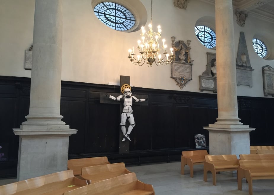 RYCA, Crucified Stormtrooper on view at St. Stephen Walbrook church in London as part of 