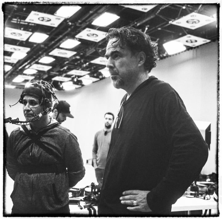 Alejandro G. Iñárritu directing a baker from El Salvador named Yoni, dressed in a motion-capture suit. Photo by Chachi Ramirez.