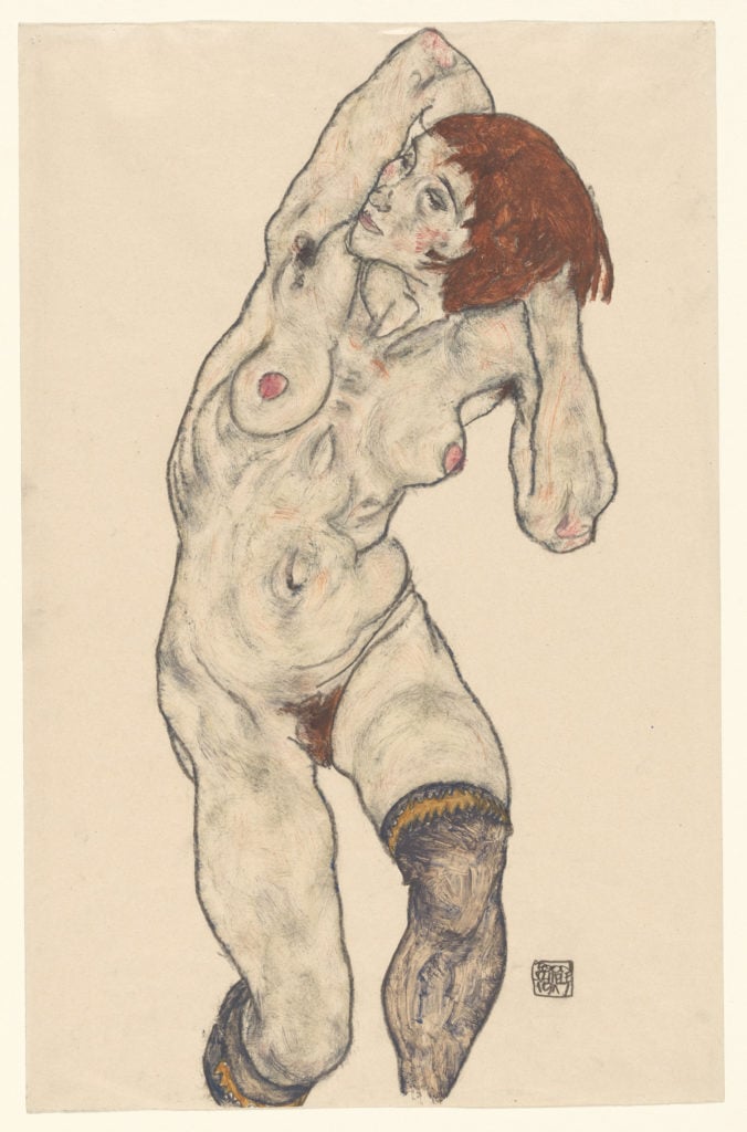 Egon Schiele, Standing Nude in Black Stockings (1917), donated to the Met by Scofield Thayer. Courtesy of the Metropolitan Museum of Art.