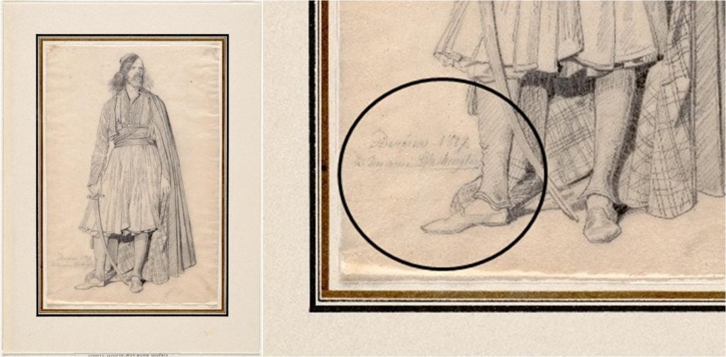 French artist Achille Devéria's drawing and detail of signature, right. Courtesy of the Carnegie Museum.